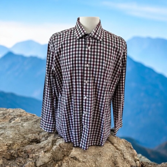 JB Workshop Men's Long Sleeves Checkered Shirt Burgundy/Gray/White 17.5 34-35 - Picture 1 of 12